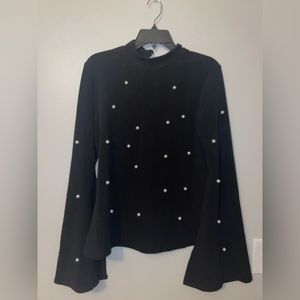 Shein black Pearl beaded shirt flared arms high neck XL